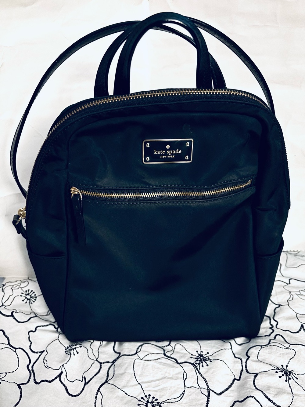 Kate Spade Black Nylon Backpack with Gold Hardware & Leather Adjustable Strap